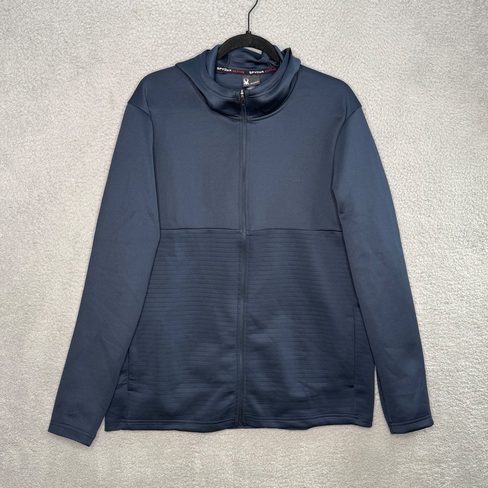 Spyder Active Mens Navy Blue Full Zip Ribbed Hybrid Hoodie Jacket SPM8003U L